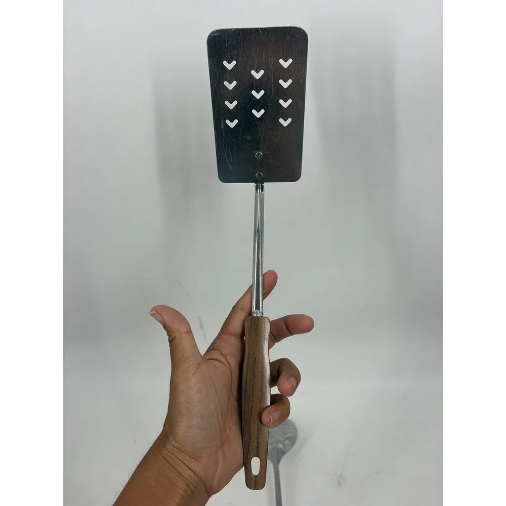 Vintage 80s Ekco Stainless Steel USA Slotted SpoonSpatula Plastic Wood Handle